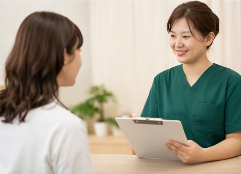 受付で問診票について案内するスタッフ