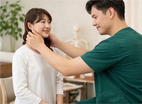 首や肩まわりの状態を検査する施術者