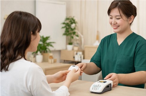 受付でお会計をするスタッフと患者